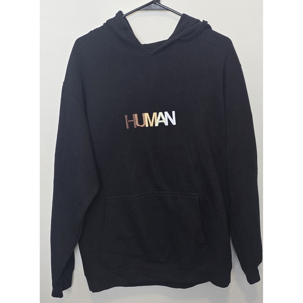 Wear The Peace HUMAN Embroidered Hoodie Black Size L Unisex Pullover Sweatshirt